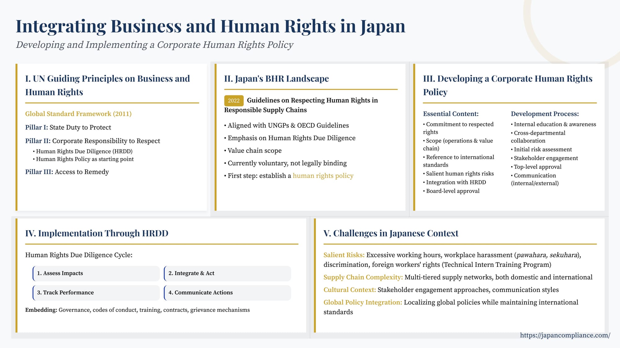 Slide summarizing Japan’s 2022 human-rights guidelines: policy commitment, due-diligence cycle, grievance mechanisms, and board oversight requirements.