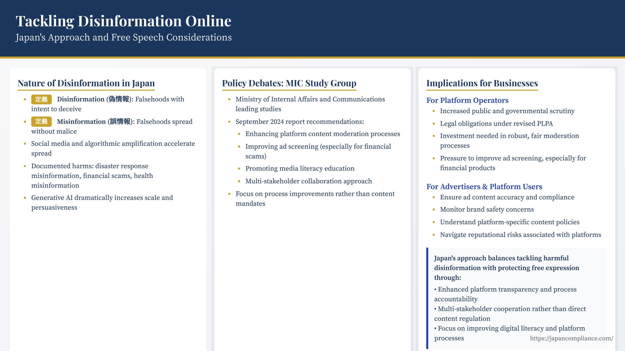 Slide summary: Japan’s disinformation approach—platform transparency, takedown reforms, free-speech safeguards, business obligations