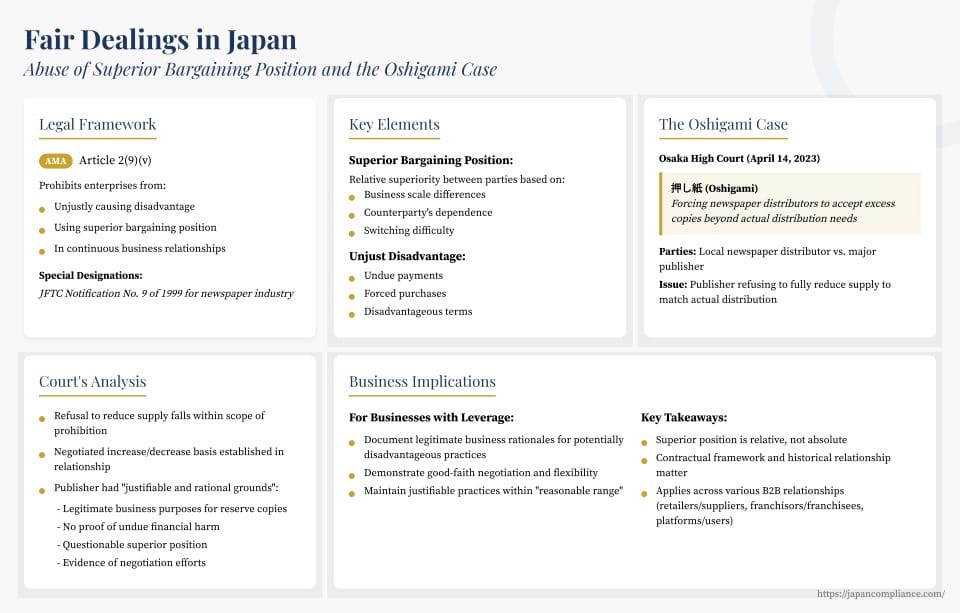 Slide summarising Japan’s Oshigami ASBP ruling: factors for superior position, “justifiable grounds” test and compliance checklist for supply-chain negotiations.