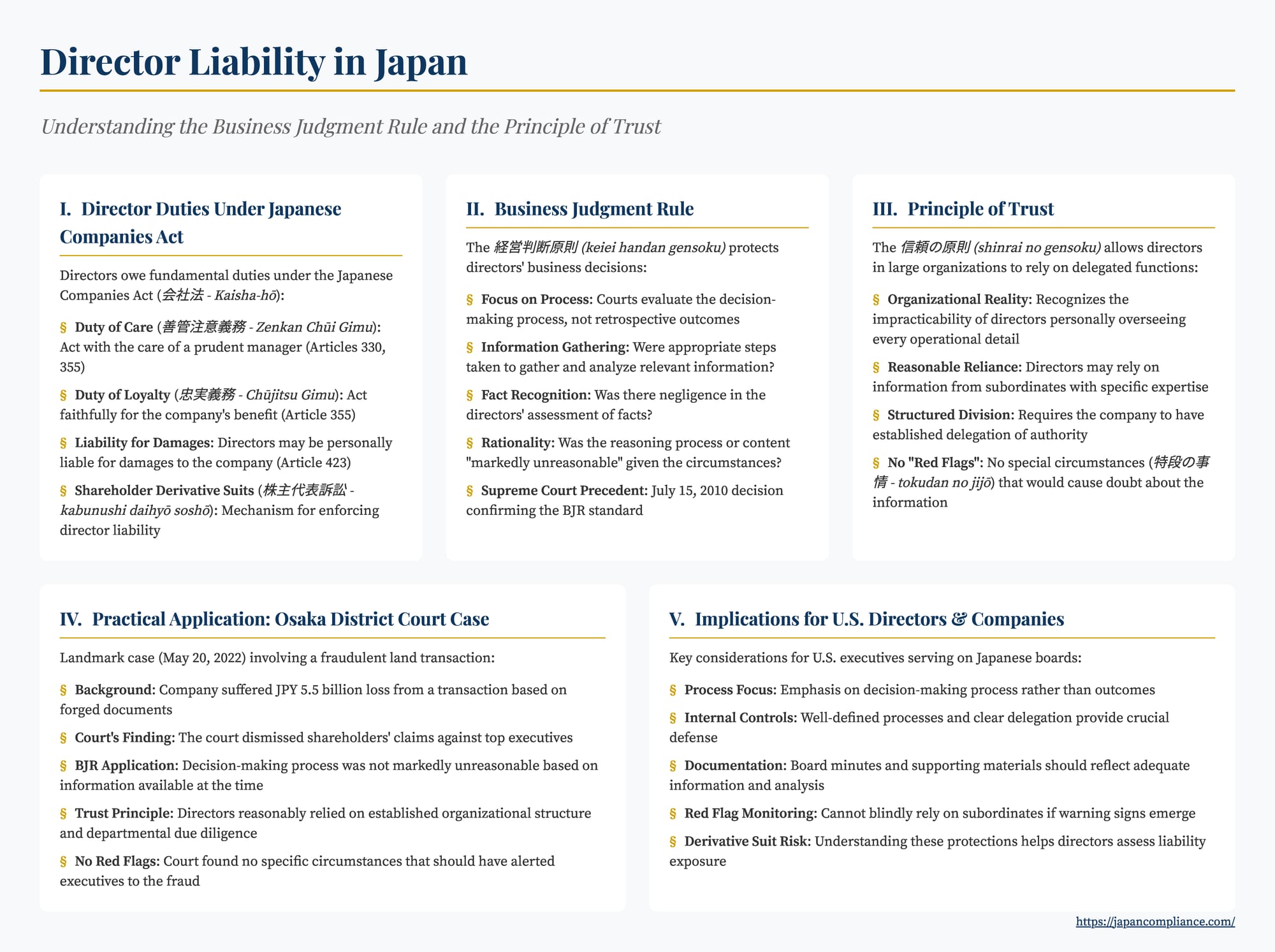 Infographic summarising Japan’s Business Judgment Rule and Principle of Trust for limiting director liability.