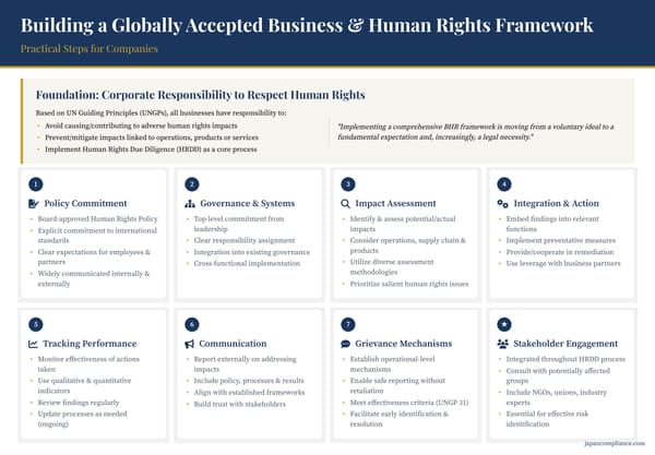 Slide mapping a seven-step UNGP-aligned human-rights framework: policy, governance, risk assessment, action, monitoring, reporting and grievance mechanisms.