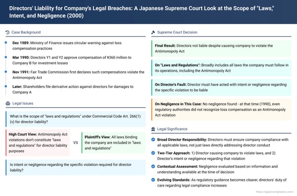 Directors' Liability for Company's Legal Breaches: A Japanese Supreme Court Look at the Scope of "Laws," Intent, and Negligence