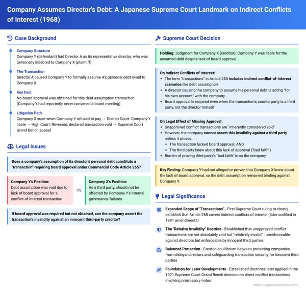 Company Assumes Director's Debt: A Japanese Supreme Court Landmark on Indirect Conflicts of Interest and Third-Party Rights