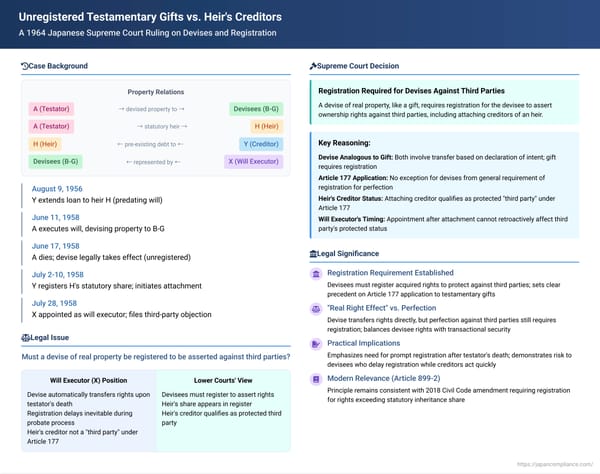 Unregistered Testamentary Gifts vs. Heir's Creditors: A 1964 Japanese Supreme Court Ruling on Devises and Registration