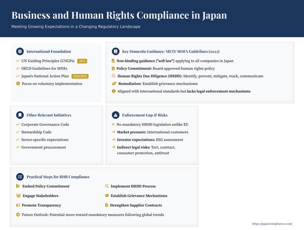 Summary slide: key Business & Human Rights compliance steps in Japan—policy commitment, risk-based HRDD, stakeholder engagement, grievance mechanism.