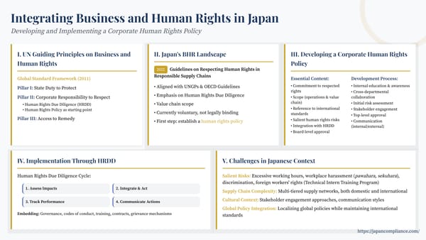 Slide summarizing Japan’s 2022 human-rights guidelines: policy commitment, due-diligence cycle, grievance mechanisms, and board oversight requirements.