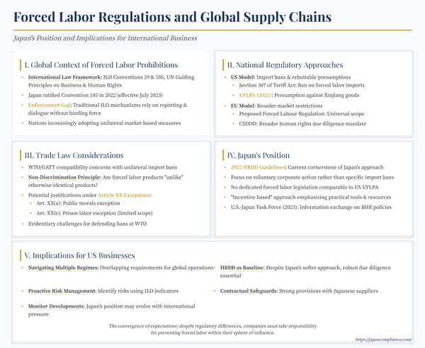 Slide outlining U.S. UFLPA, proposed EU forced-labor ban, Japan’s HRDD guidelines, and supply-chain compliance steps for multinational firms.