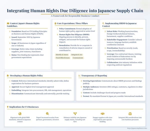 Slide highlighting Japan’s 2022 human-rights guidelines: policy, ongoing HRDD, supplier engagement and legal cautions under Subcontract and Antimonopoly Acts.