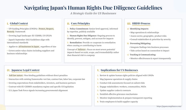 Infographic summarising Japan’s 2022 HRDD Guidelines: policy commitment, salience-based risk assessment, leverage on suppliers, remedy & transparent reporting.