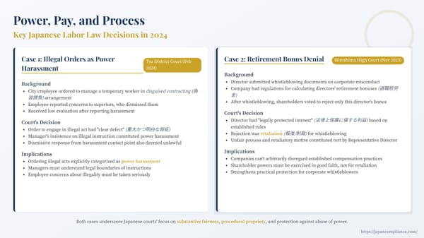 Slide summarising 2024 Japanese labor-law cases: illegal-order power harassment ruling and retaliatory bonus-denial judgment with compliance takeaways.