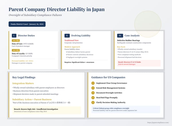 Slide summarising parent-company director liability in Japan: duty of oversight, 2024 case law, red-flag test and compliance controls for multinational groups.