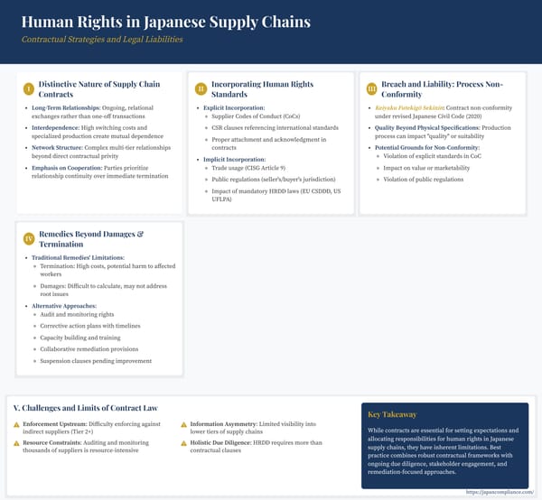 Slide summarising contractual strategies, liability under Japan’s Civil Code, and due-diligence checkpoints for safeguarding human rights in Japanese supply chains.