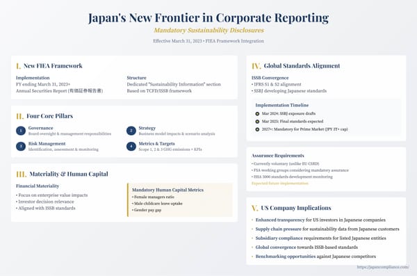 Slide outlining Japan’s mandatory sustainability disclosures: FIEA/ISSB pillars, financial-materiality focus, phased adoption timeline and assurance outlook.