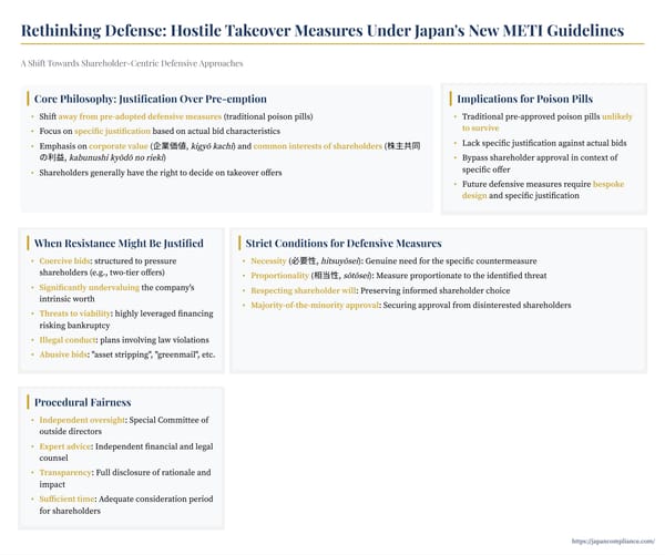 Slide summarising METI’s 2023 takeover-defence guidelines: harm-based justification, MoM vote requirement, independent committee process and decline of pre-adopted poison pills.