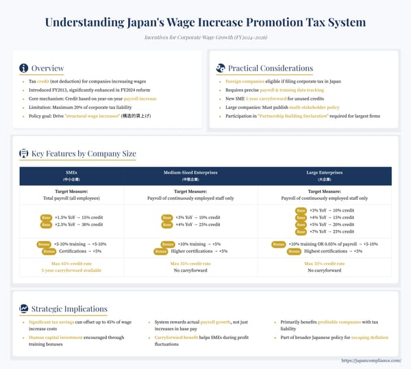 Slide summarising Japan’s Wage Increase Promotion Tax Credit: thresholds, bonus add-ons and FY 2024-26 carry-forward rules.