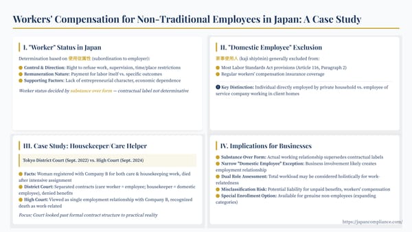 Slide summarising Tokyo High Court 2024 ruling on workers’ comp for live-in helper, worker-status criteria, and compliance tips for gig platforms