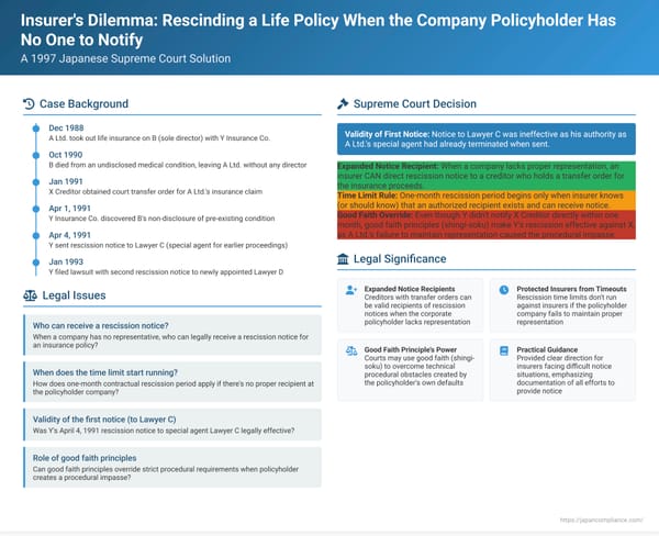 Insurer's Dilemma: Rescinding a Life Policy When the Company Policyholder Has No One to Notify – A 1997 Japanese Supreme Court Solution