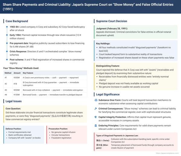Sham Share Payments and Criminal Liability: Japan's Supreme Court on "Show Money" and False Official Entries