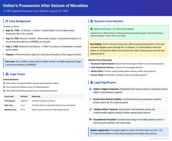 Debtor's Possession After Seizure of Movables: A 1959 Japanese Supreme Court Decision