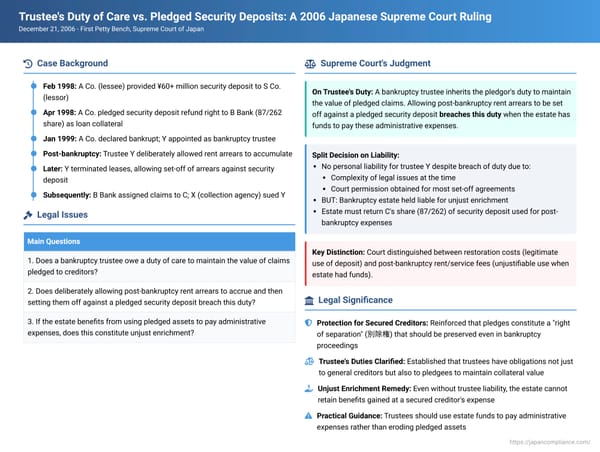 Trustee's Duty of Care vs. Pledged Security Deposits: A 2006 Japanese Supreme Court Ruling on Set-Offs and Unjust Enrichment